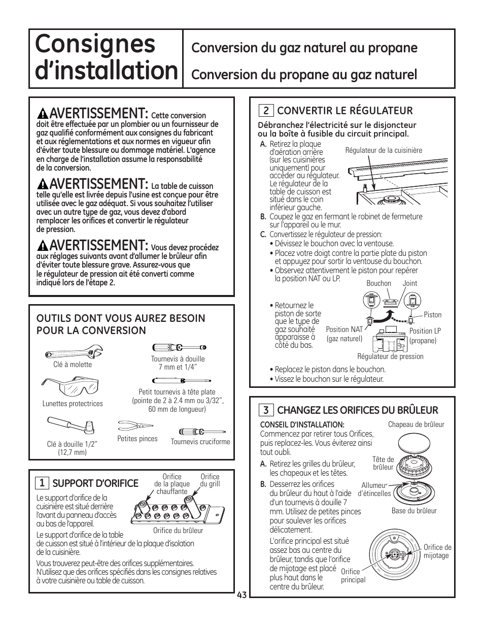 Conversion de la cuisinière pour le gaz, Conversion de la cuisinière pour le gaz -45, Consignes | D’installation, Avertissement, Conversion du gaz naturel au propane, Conversion du propane au gaz naturel, 2changez les orifices du brûleur, Support d’orifice | GE Monogram Range User Manual | Page 43 / 68