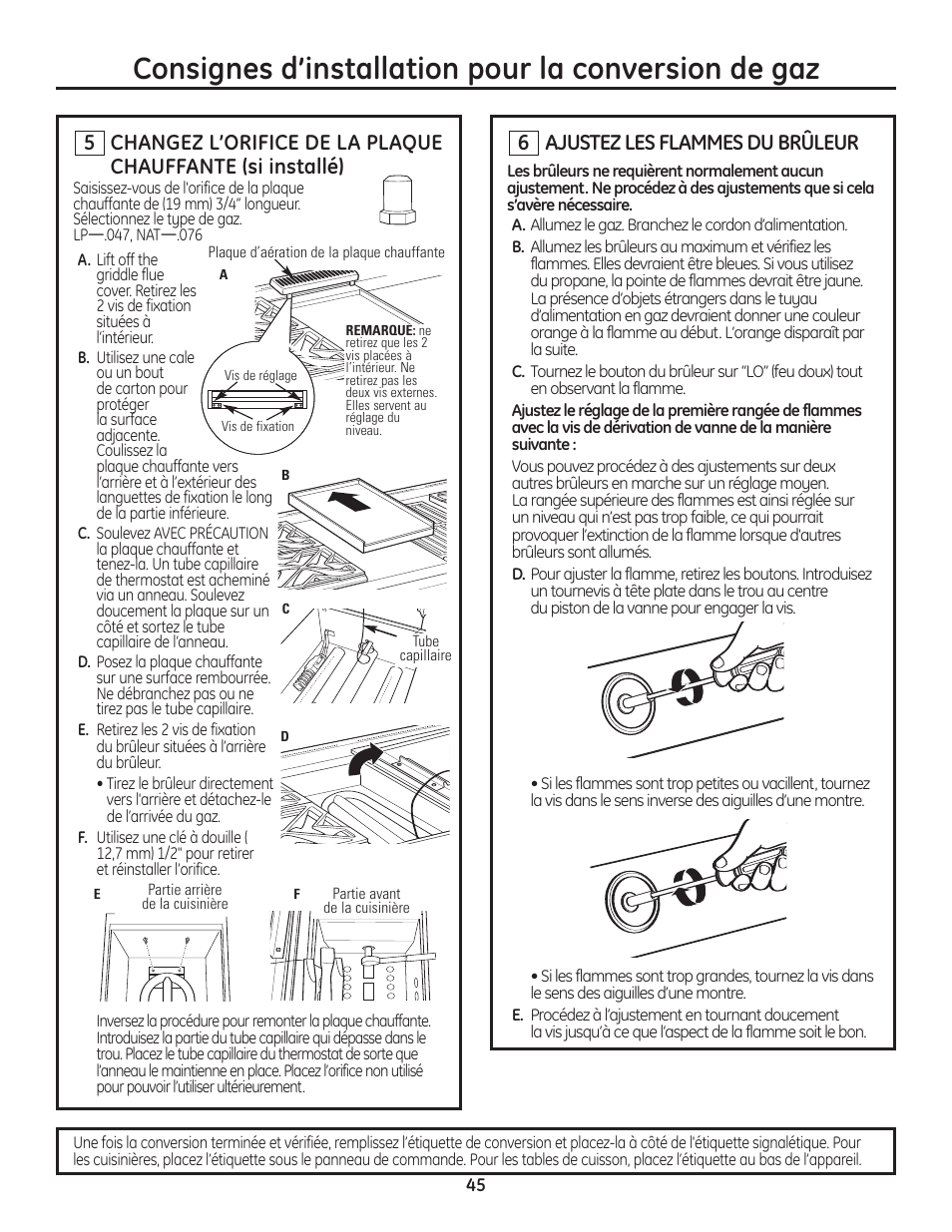 Consignes d’installation pour la conversion de gaz, Ajustez les flammes du brûleur | GE Monogram Range User Manual | Page 45 / 68