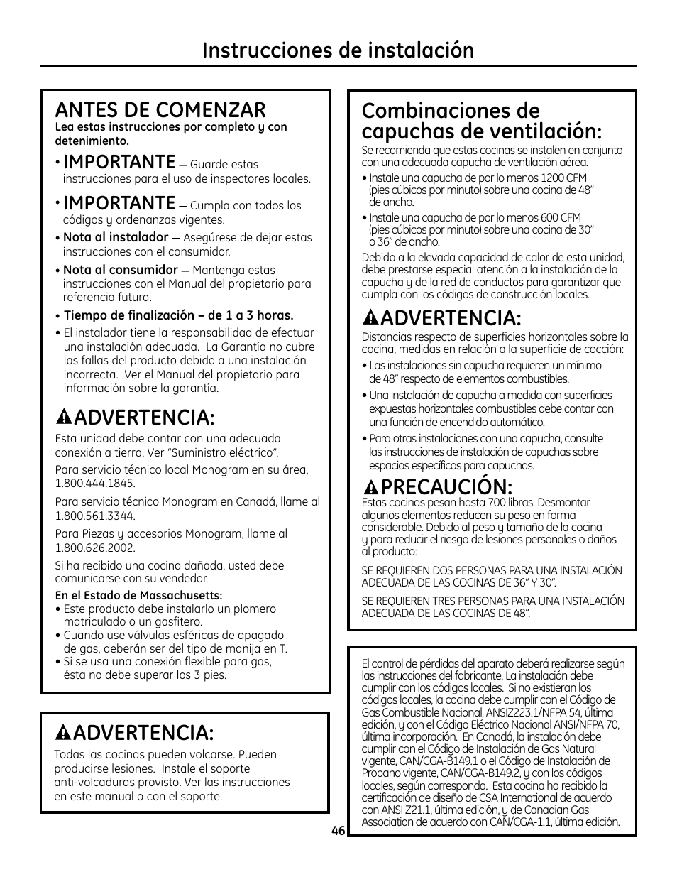 Instrucciones de instalación antes de comenzar, Advertencia, Combinaciones de capuchas de ventilación | Precaución, Importante | GE Monogram Range User Manual | Page 46 / 68