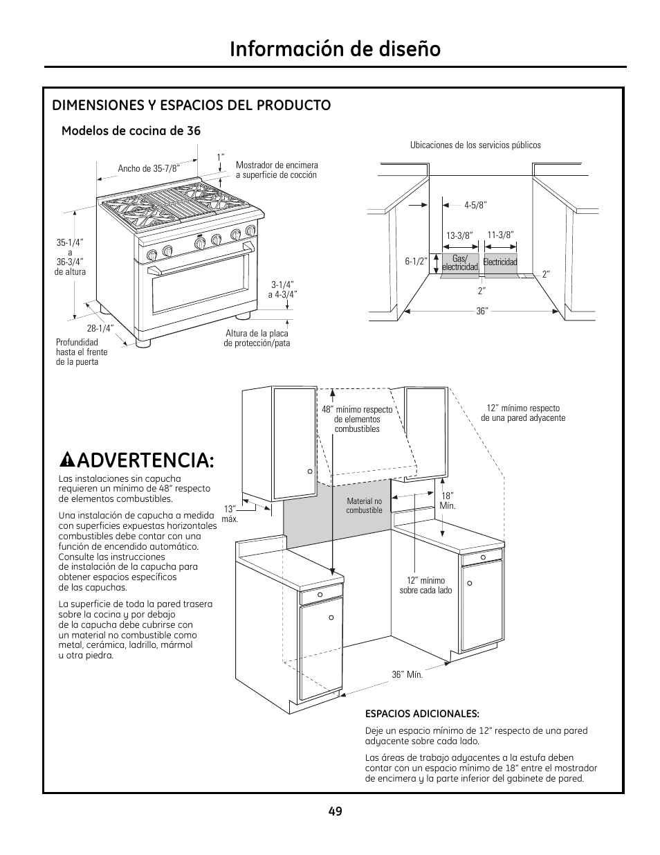 Dimensiones y espacios del producto, Dimensiones y espacios del producto -51, Información de diseño | Advertencia | GE Monogram Range User Manual | Page 49 / 68