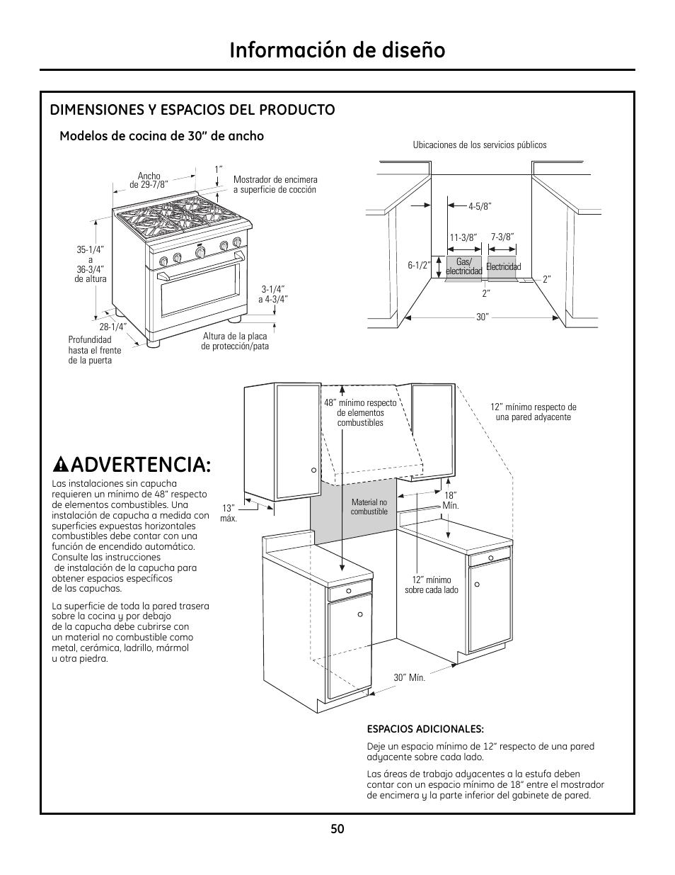 Información de diseño, Advertencia, Dimensiones y espacios del producto | GE Monogram Range User Manual | Page 50 / 68