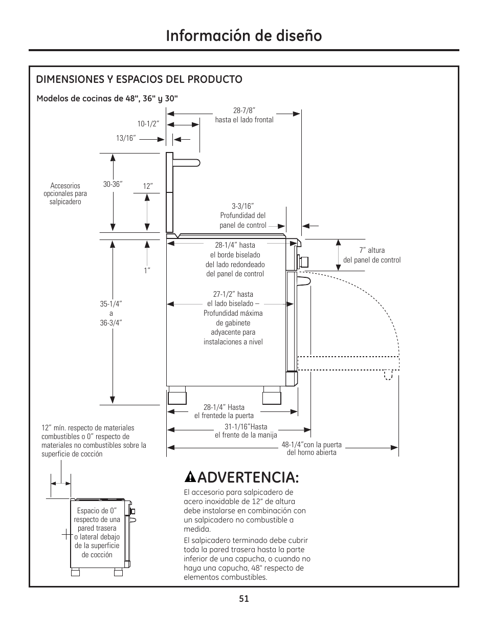 Información de diseño, Advertencia, Dimensiones y espacios del producto | GE Monogram Range User Manual | Page 51 / 68