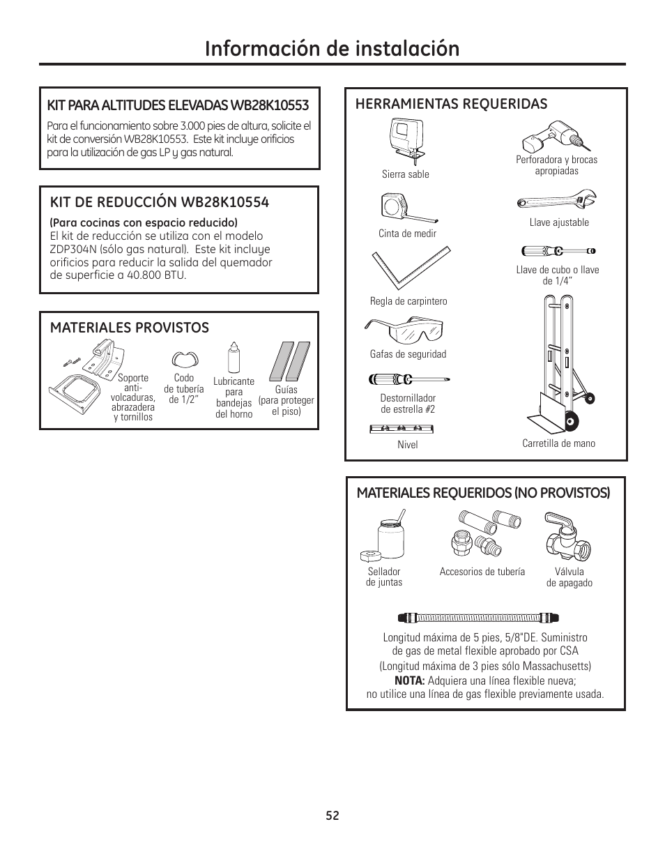Herramientas y materiales requeridos, Información de instalación, Materiales requeridos (no provistos) | Herramientas requeridas, Materiales provistos | GE Monogram Range User Manual | Page 52 / 68