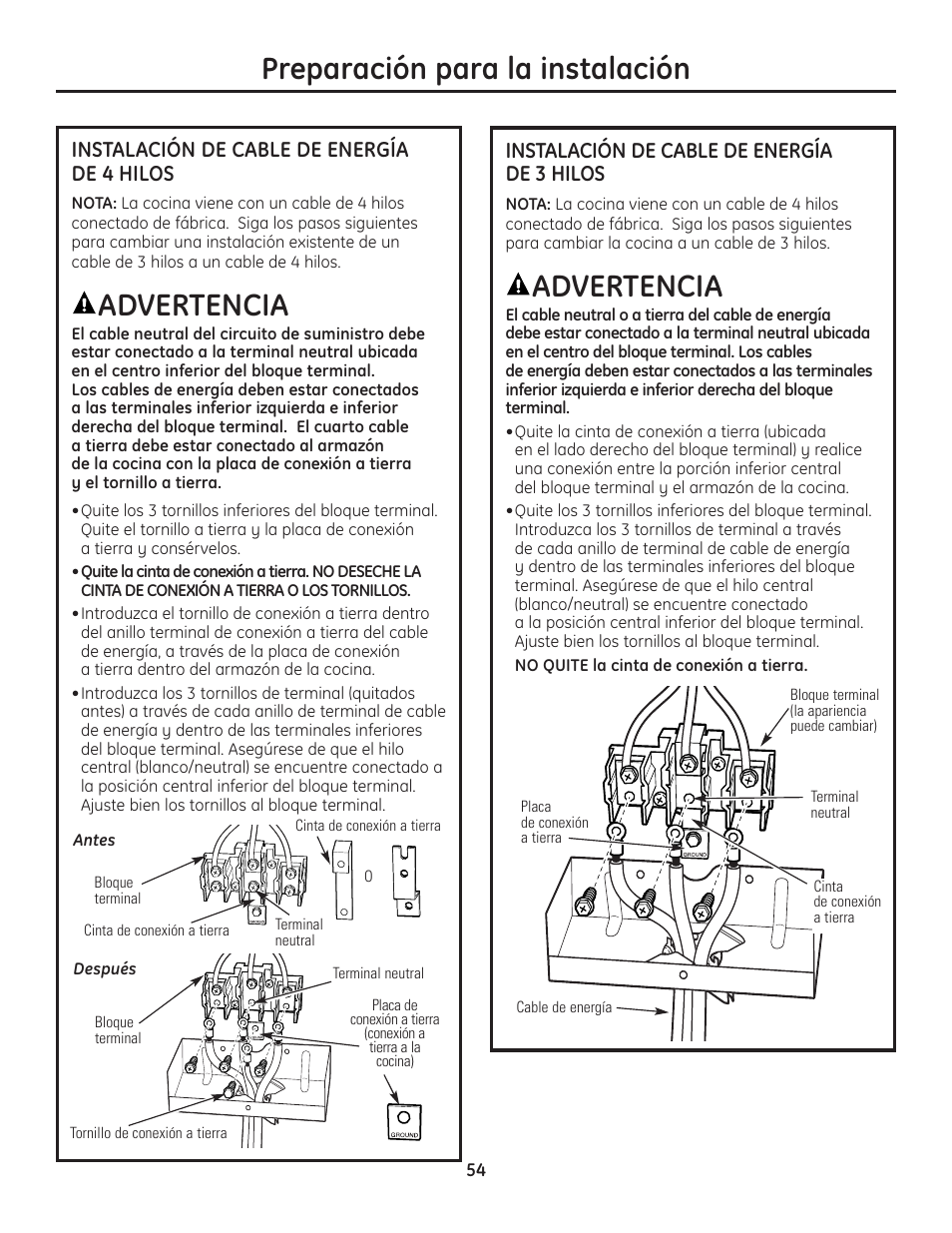 Preparación para la instalación, Advertencia, Instalación de cable de energía de 4 hilos | Instalación de cable de energía de 3 hilos | GE Monogram Range User Manual | Page 54 / 68