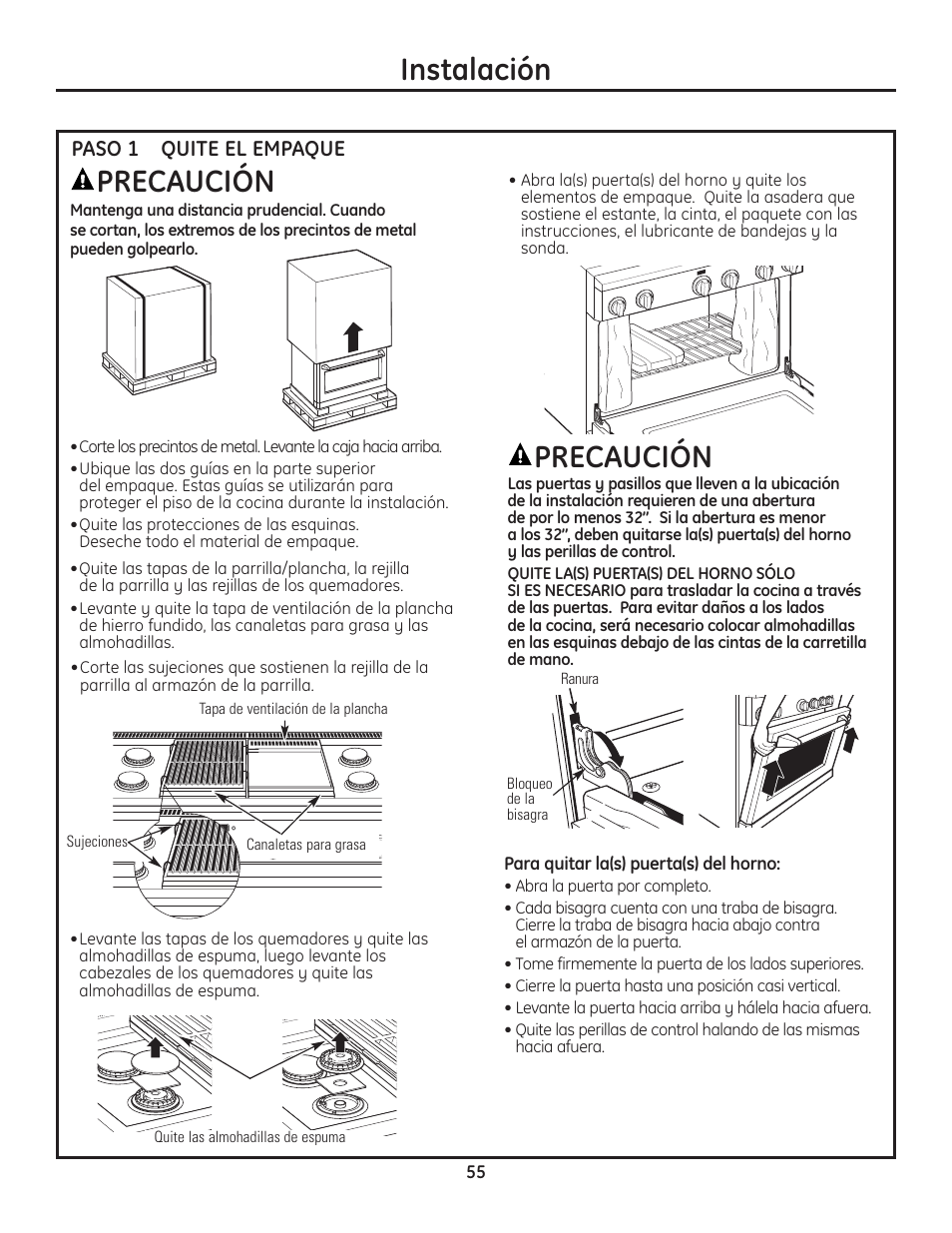 Paso 1, quite el empaque, Instalación, Precaución | GE Monogram Range User Manual | Page 55 / 68