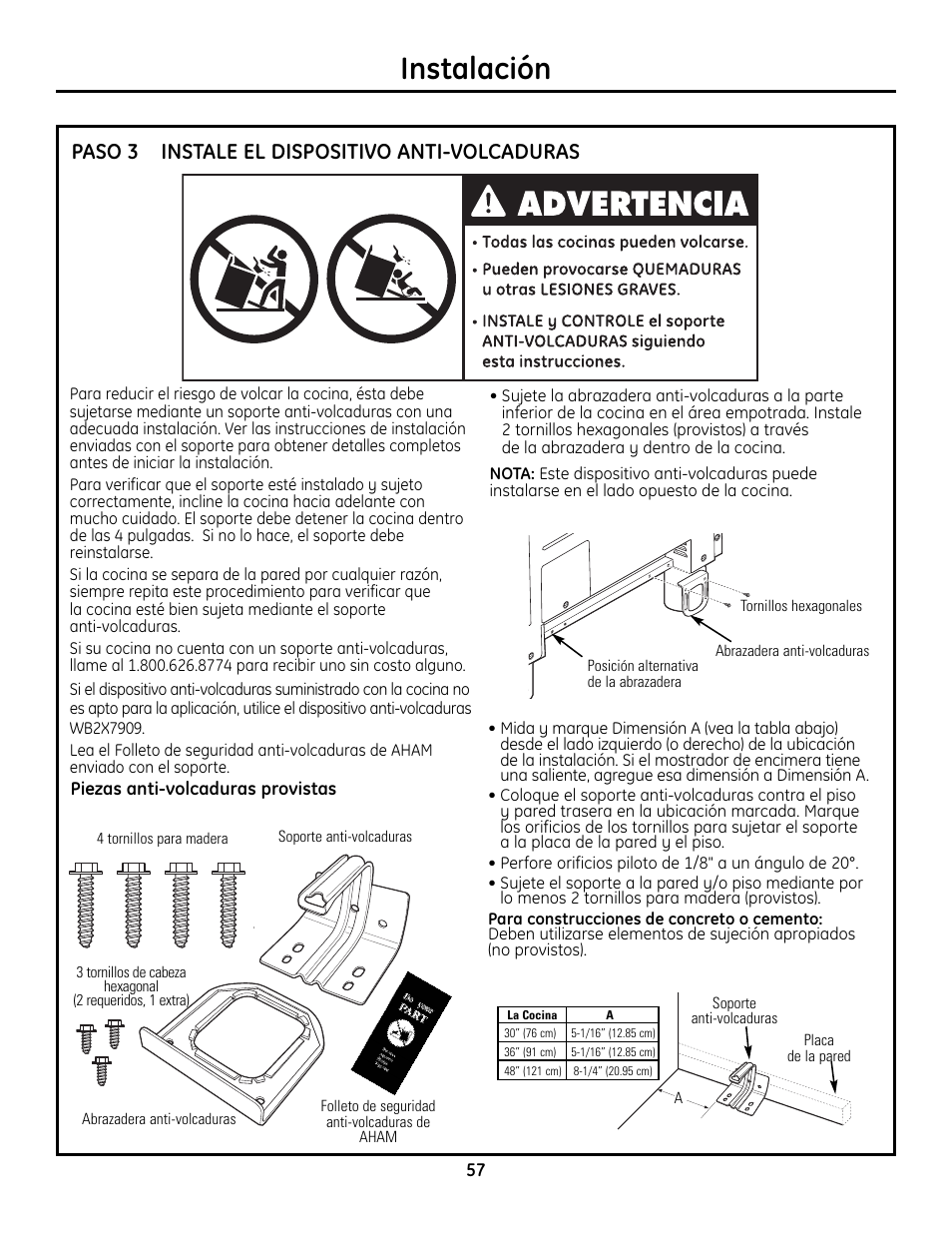 Paso 3, instale el dispositivo anti-volcaduras, Instalación, Instale el dispositivo anti-volcaduras paso 3 | GE Monogram Range User Manual | Page 57 / 68