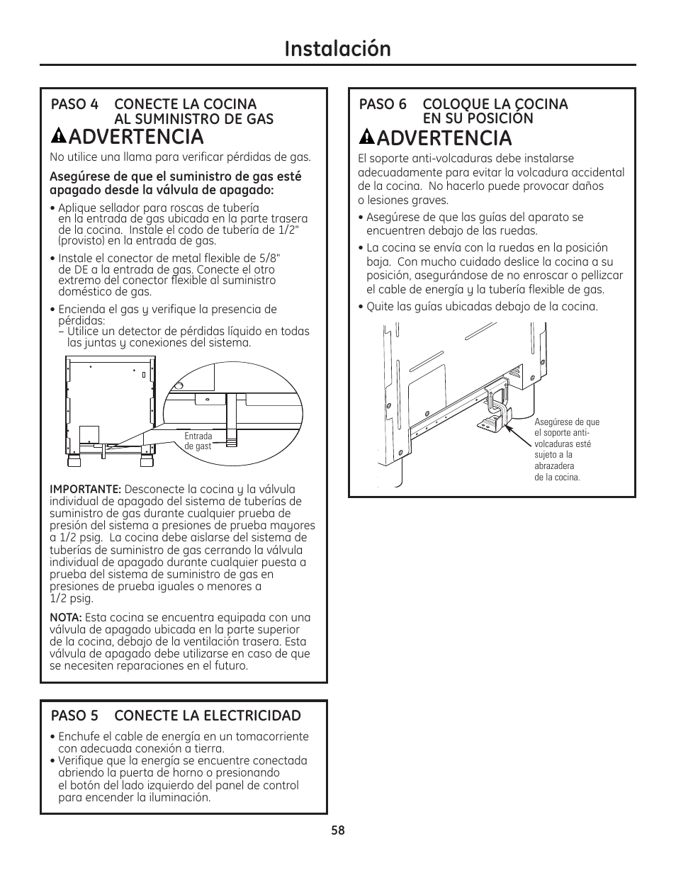 Paso 4, conecte la cocina al suministro de gas, Paso 5, conecte la electricidad, Paso 6, coloque la cocina en su posición | Advertencia, Instalación | GE Monogram Range User Manual | Page 58 / 68