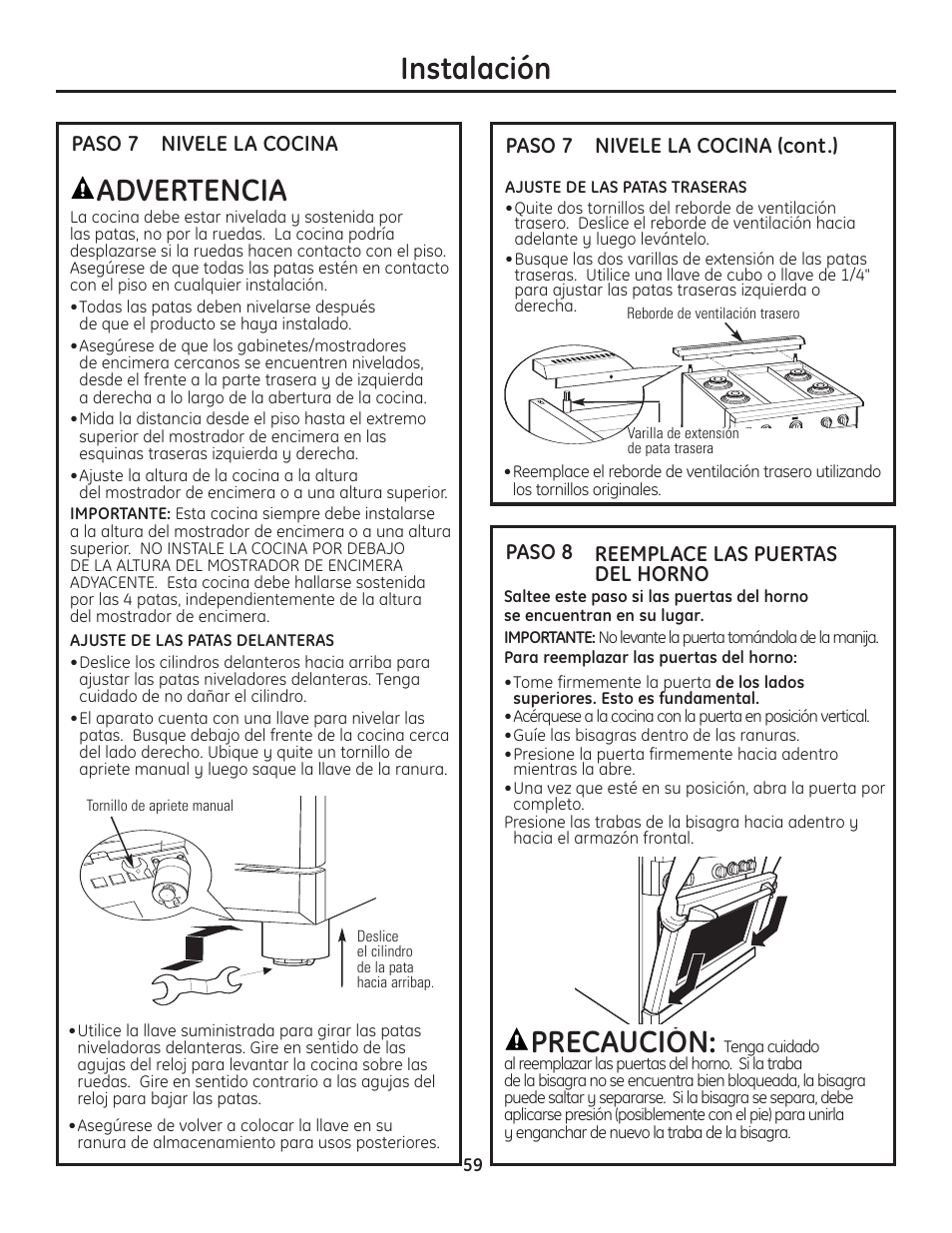 Paso 7, nivele la cocina, Paso 8, reemplace las puertas del horno, Precaución | Instalación, Advertencia | GE Monogram Range User Manual | Page 59 / 68