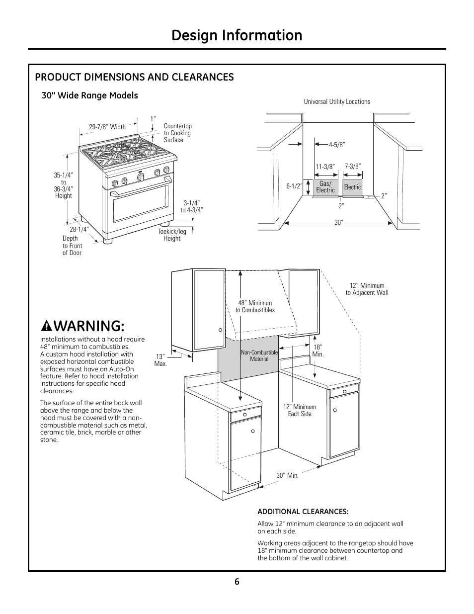 Design information, Warning, Product dimensions and clearances | GE Monogram Range User Manual | Page 6 / 68