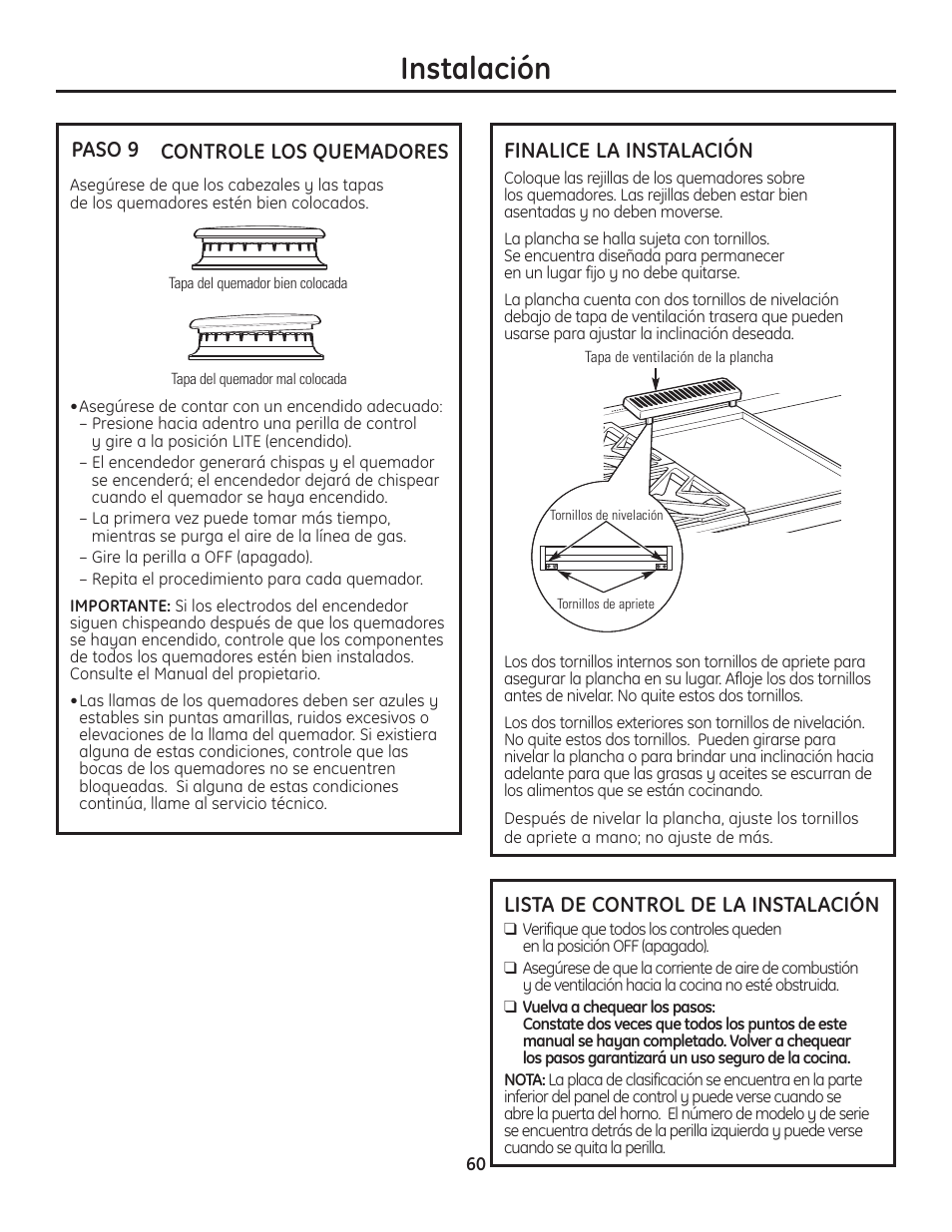 Paso 9, controle los quemadores, Finalice la instalación, Lista de control de la instalación | Instalación, Controle los quemadores, Paso 9 | GE Monogram Range User Manual | Page 60 / 68