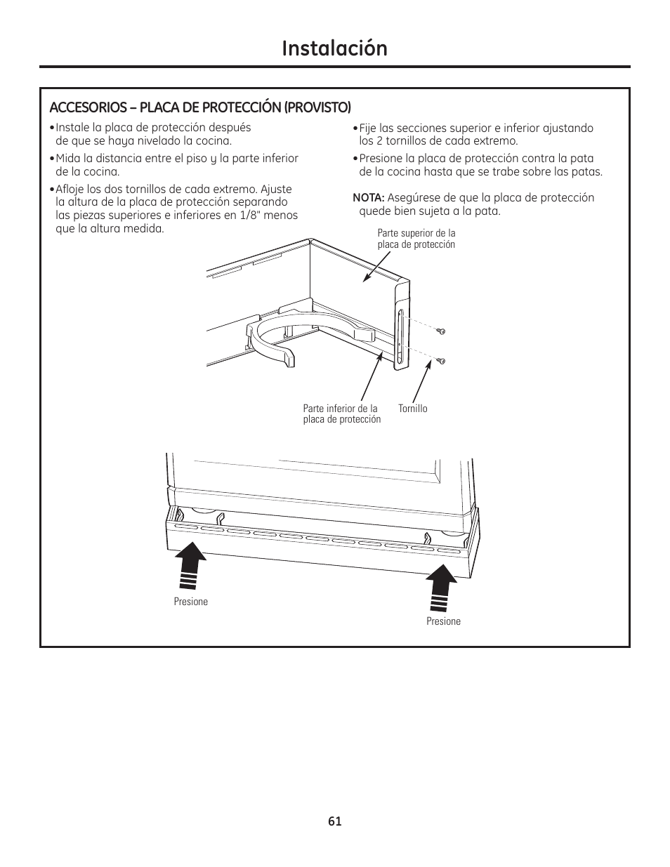 Accesorios, Instalación, Accesorios – placa de protección (provisto) | GE Monogram Range User Manual | Page 61 / 68