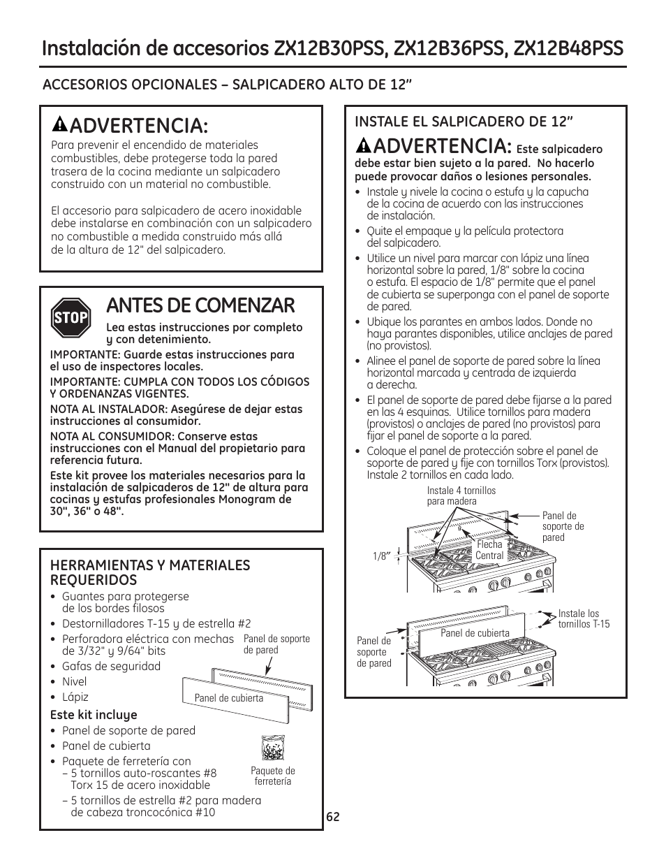 Instalación de accesorios, Instalación de accesorios –64, Advertencia | Antes de comenzar | GE Monogram Range User Manual | Page 62 / 68