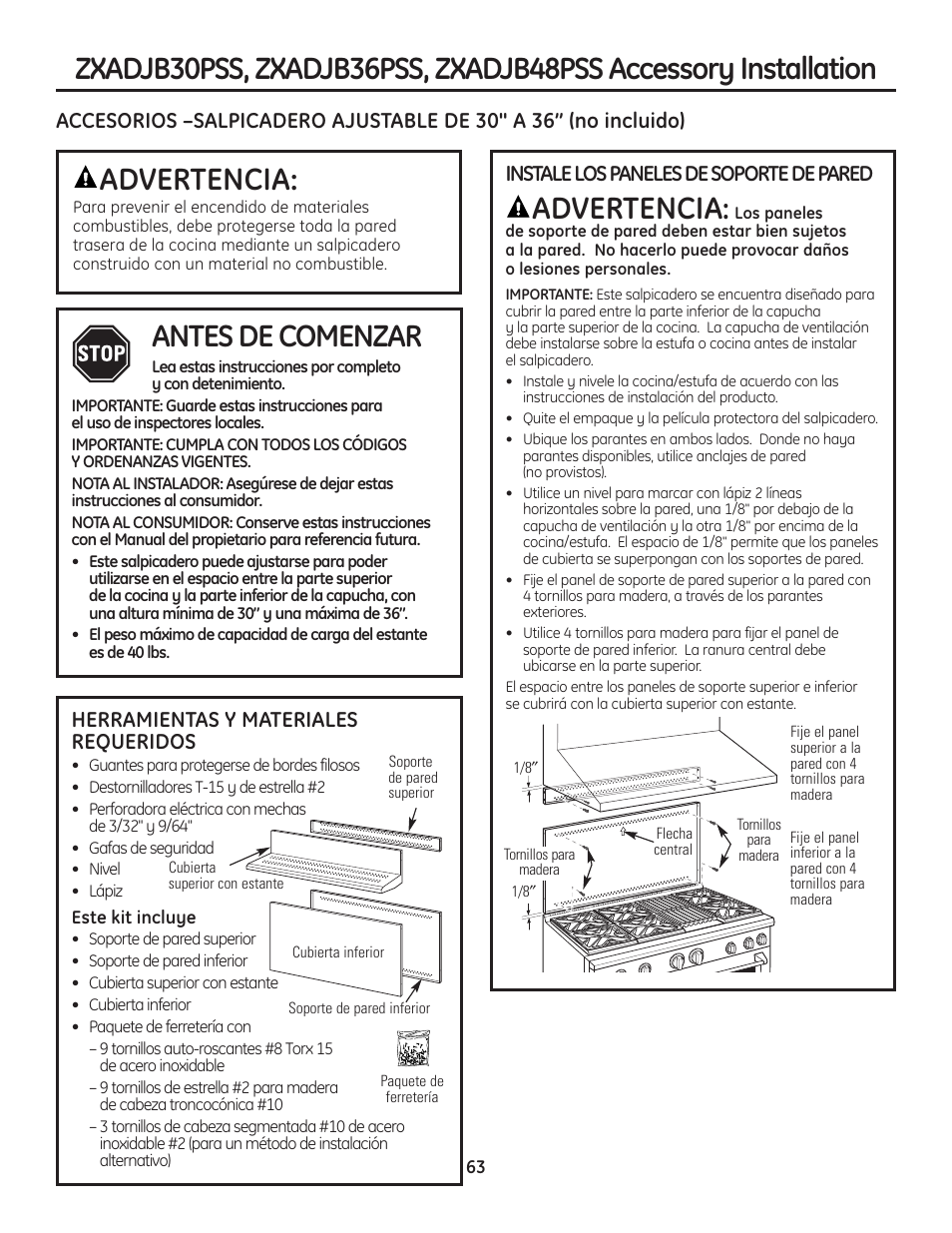 Advertencia, Antes de comenzar, Herramientas y materiales requeridos | Instale los paneles de soporte de pared | GE Monogram Range User Manual | Page 63 / 68