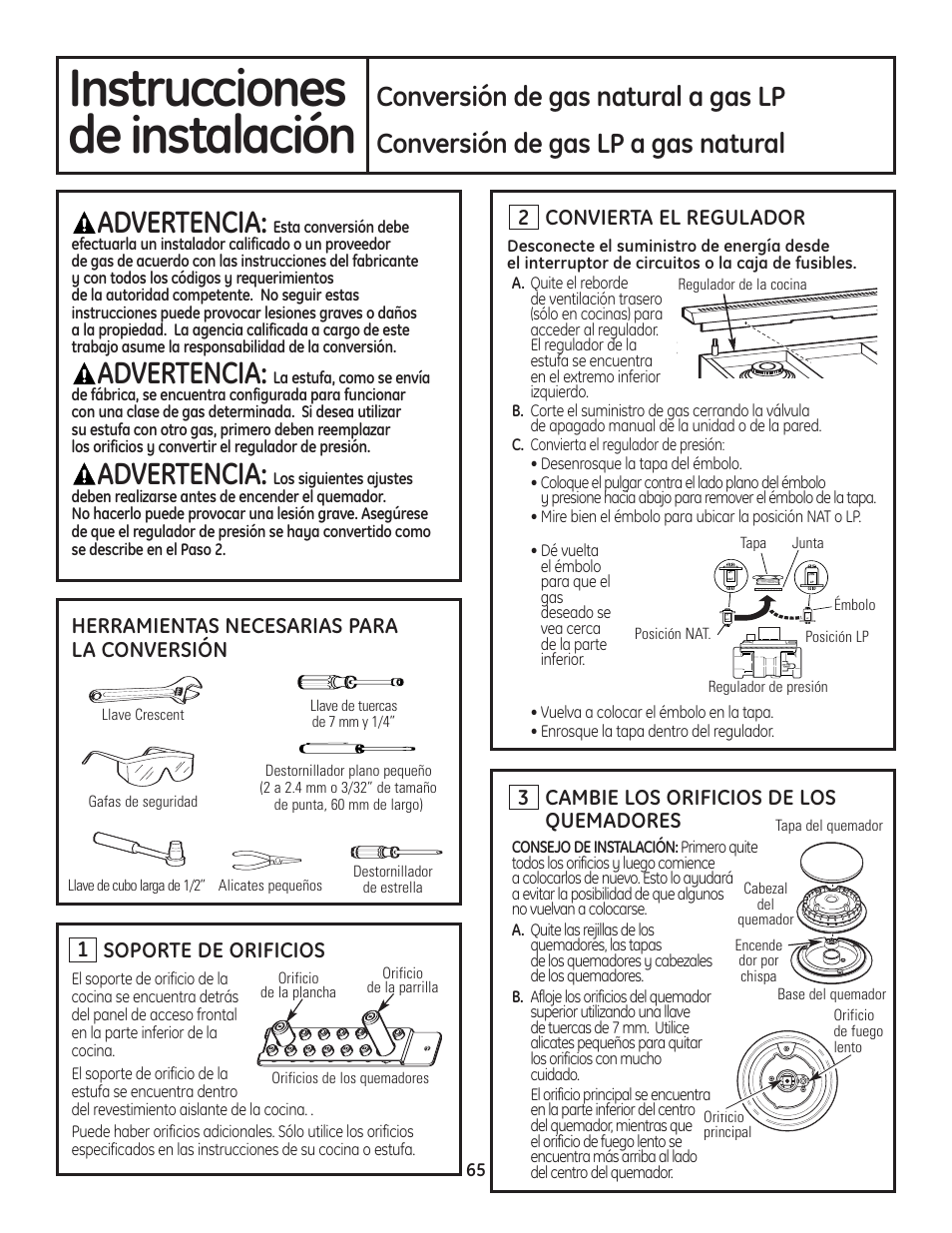 Conversión de gas, Conversión de gas -67, Instrucciones | De instalación, Advertencia, Conversión de gas natural a gas lp, Conversión de gas lp a gas natural, 2cambie los orificios de los quemadores, Soporte de orificios | GE Monogram Range User Manual | Page 65 / 68