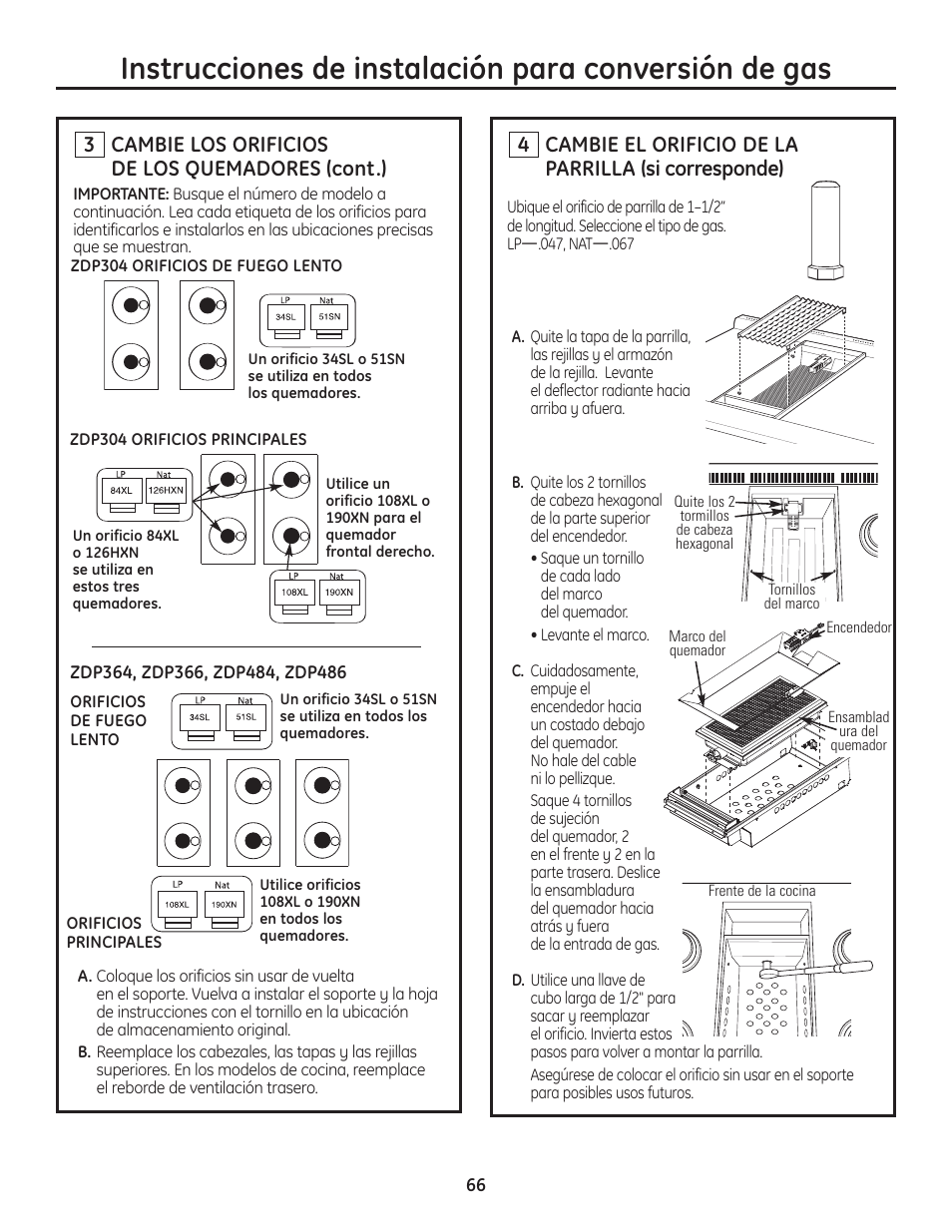 Cambie el orificio de la parrilla (si corresponde), Cambie los orificios de los quemadores (cont.) | GE Monogram Range User Manual | Page 66 / 68