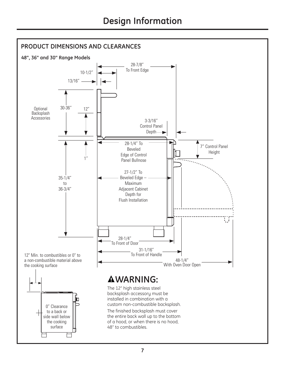 Design information, Warning, Product dimensions and clearances | GE Monogram Range User Manual | Page 7 / 68