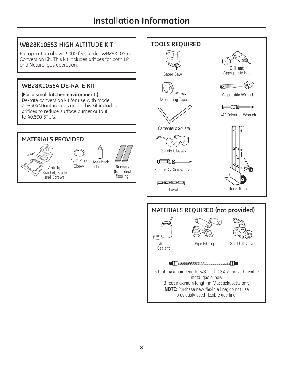 Tools and materials required, Installation information, Materials required (not provided) | Tools required, Materials provided | GE Monogram Range User Manual | Page 8 / 68