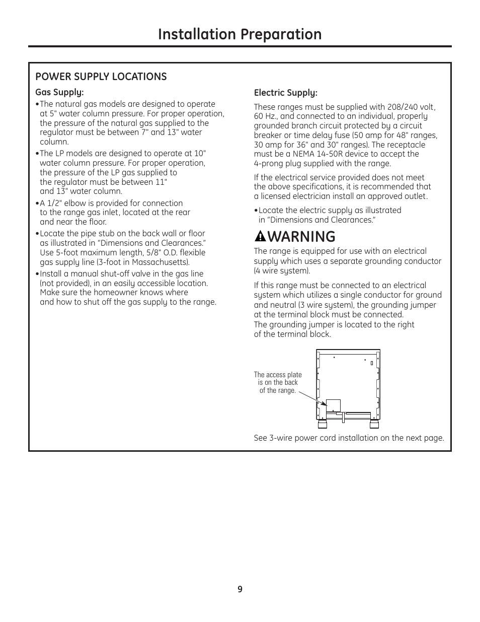 Power supply locations, Power supply locations , 10, Warning | Installation preparation | GE Monogram Range User Manual | Page 9 / 68