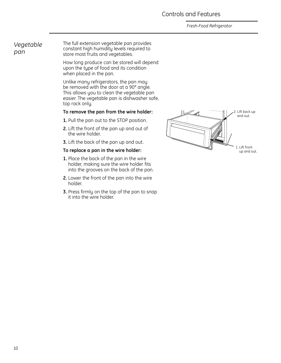Controls and features, Vegetable pan | GE Monogram ZIFI240 User Manual | Page 10 / 20