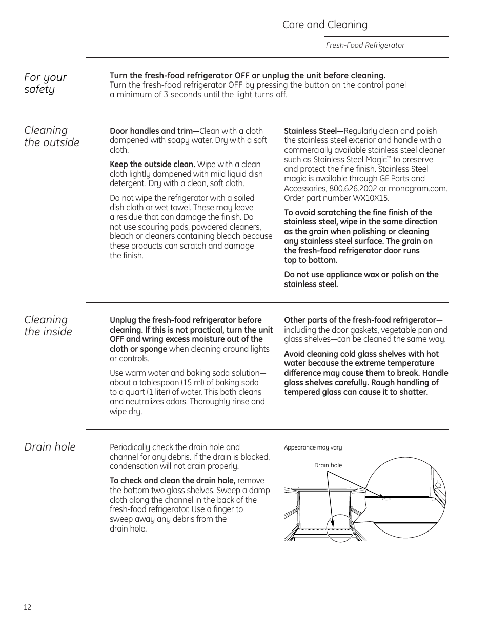 Care and cleaning, Cleaning the inside, Cleaning the outside | Drain hole, For your safety | GE Monogram ZIFI240 User Manual | Page 12 / 20