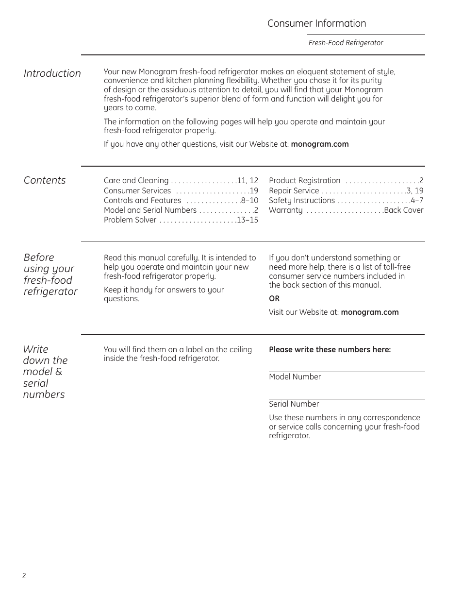 Model and serial numbers, Product registration | GE Monogram ZIFI240 User Manual | Page 2 / 20