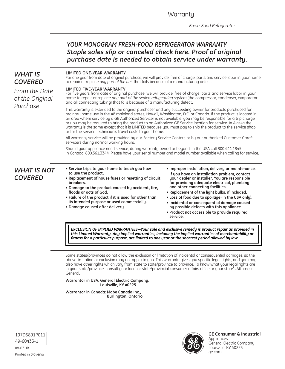 Warranty, What is not covered | GE Monogram ZIFI240 User Manual | Page 20 / 20