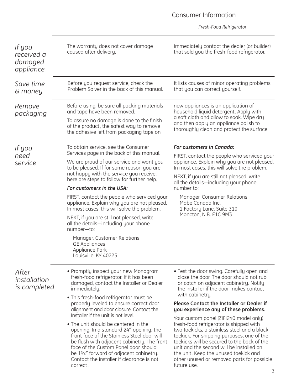 Repair service, Repair service , 19, If you received a damaged appliance | If you need service, Consumer information, After installation is completed, Remove packaging, Save time & money | GE Monogram ZIFI240 User Manual | Page 3 / 20