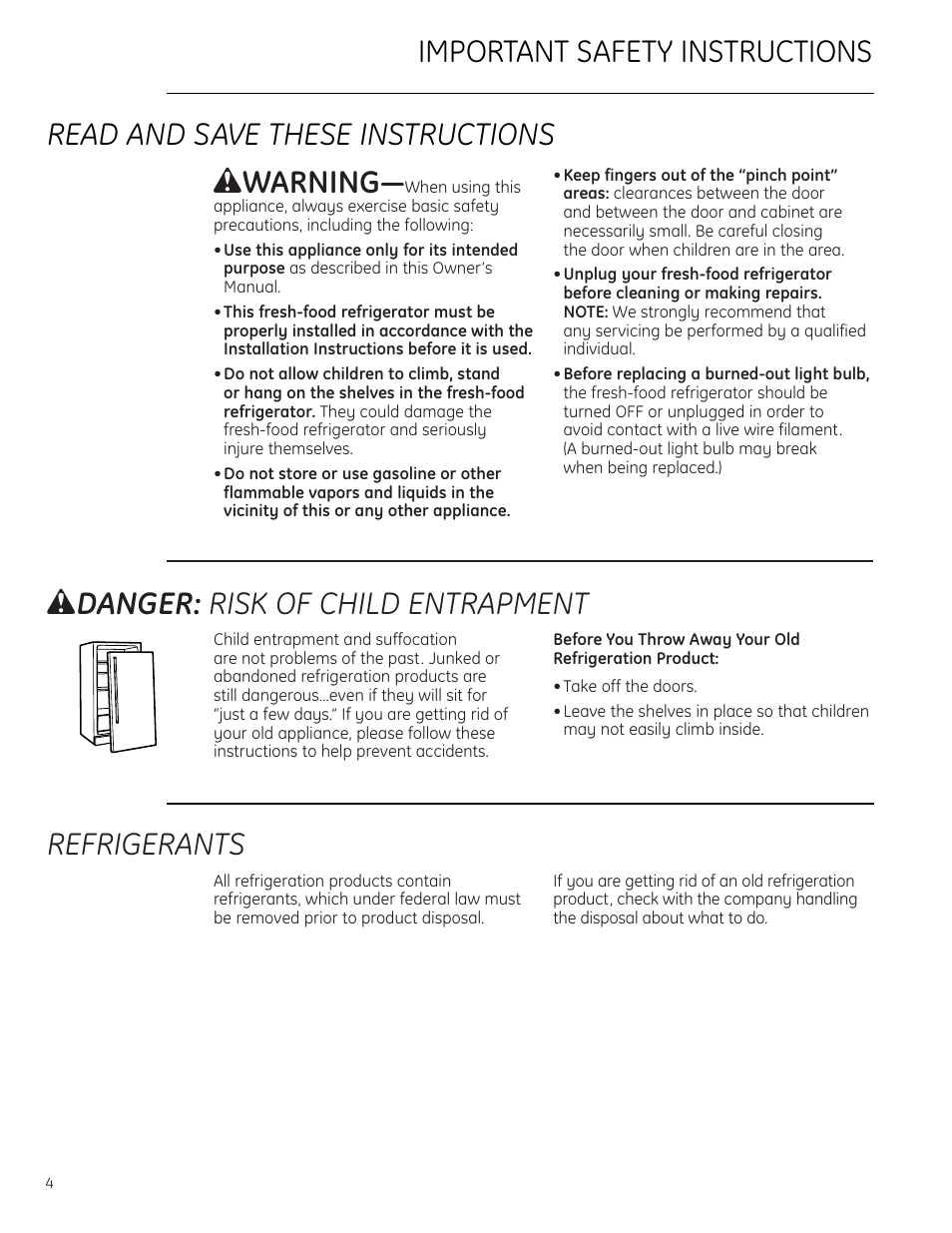 Safety instructions, Safety instructions –7, Refrigerants | W warning, W danger: risk of child entrapment | GE Monogram ZIFI240 User Manual | Page 4 / 20