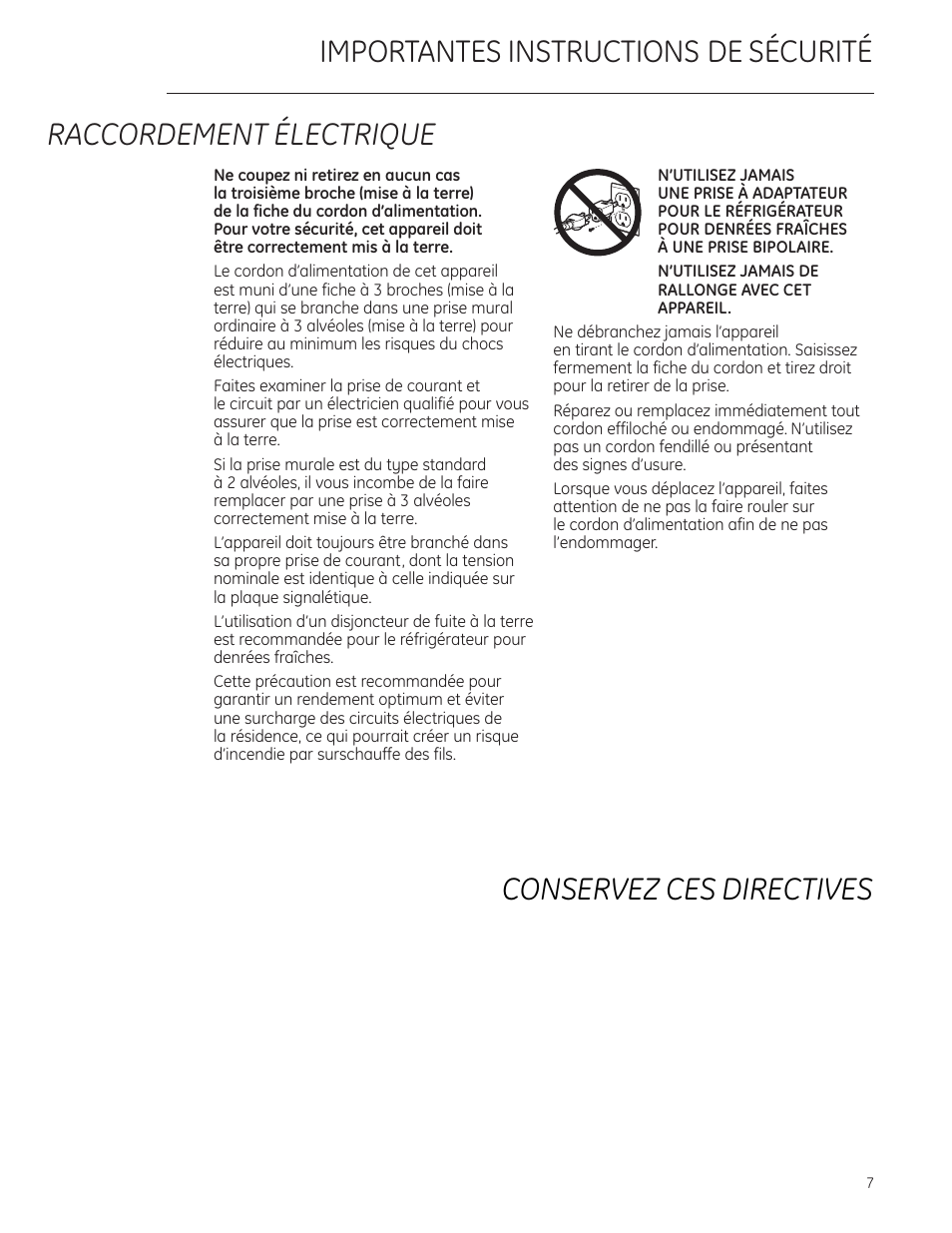 Raccordement électrique | GE Monogram ZIFI240 User Manual | Page 7 / 20