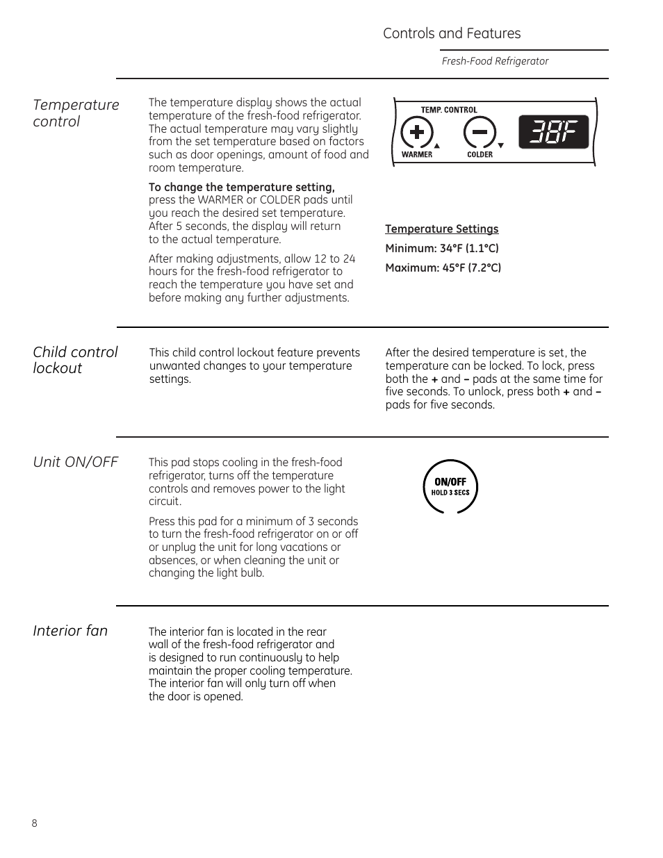 Controls and features, Controls and features –10 | GE Monogram ZIFI240 User Manual | Page 8 / 20