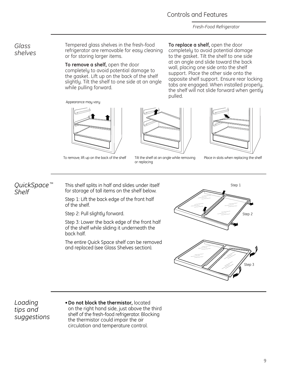 Controls and features, Glass shelves, Quickspace | Shelf, Loading tips and suggestions | GE Monogram ZIFI240 User Manual | Page 9 / 20