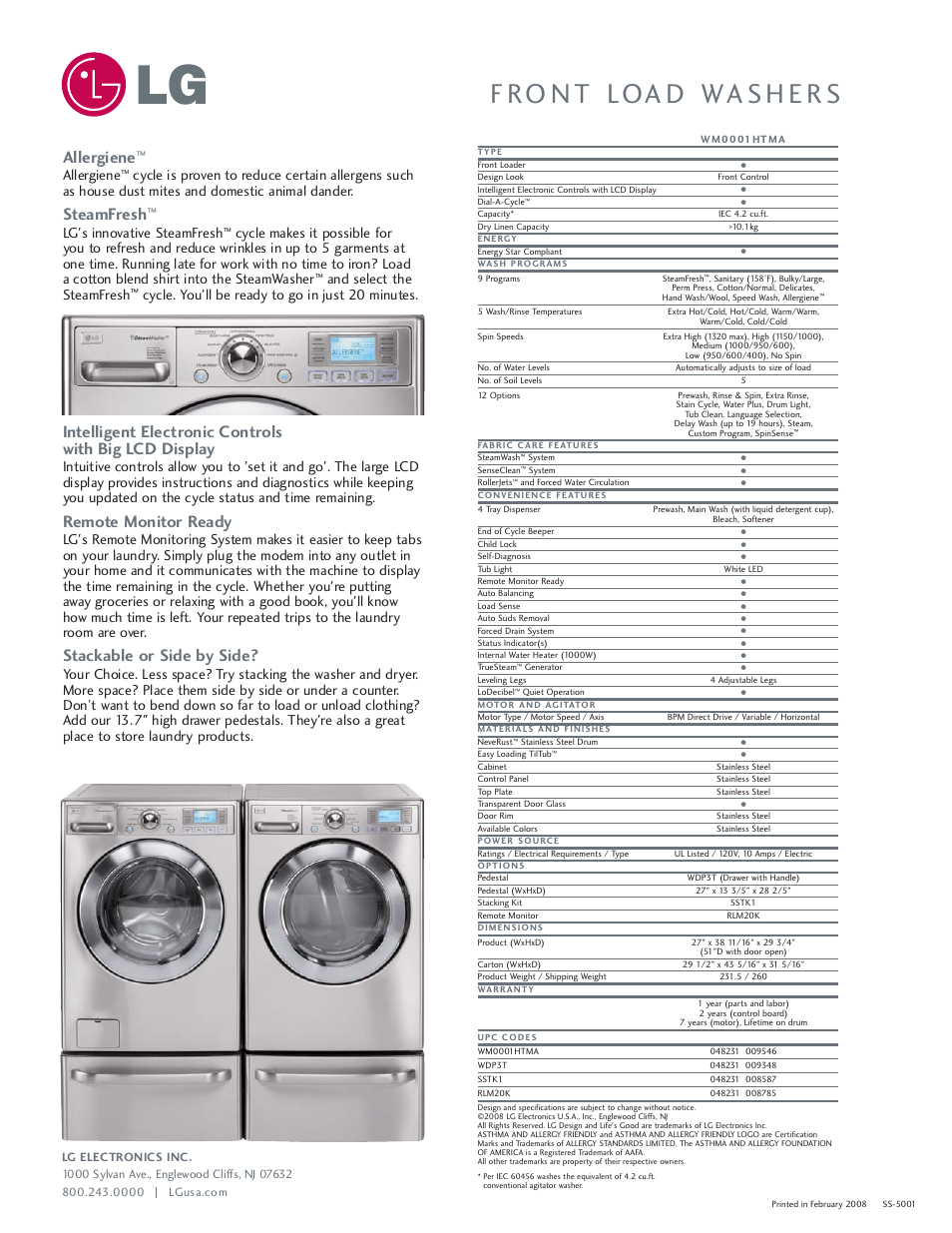 Allergiene, Steamfresh, Remote monitor ready | Stackable or side by side, Lg's innovative steamfresh, And select the steamfresh, Cycle. you'll be ready to go in just 20 minutes | Goldstar WM0001HTMA User Manual | Page 2 / 2