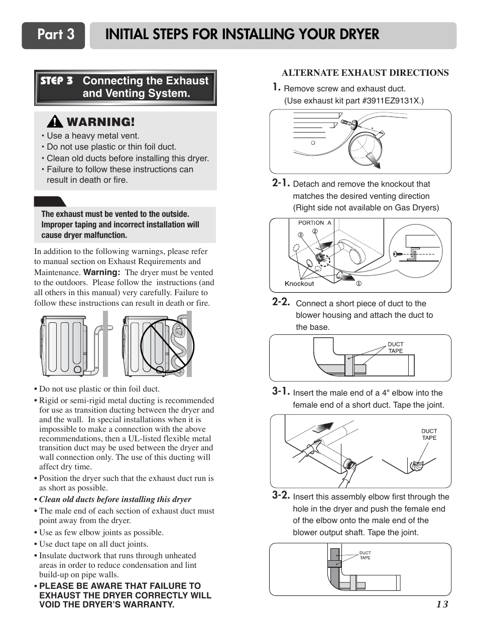 Part 3 initial steps for installing your dryer, Warning | Goldstar DLG3744W User Manual | Page 13 / 72