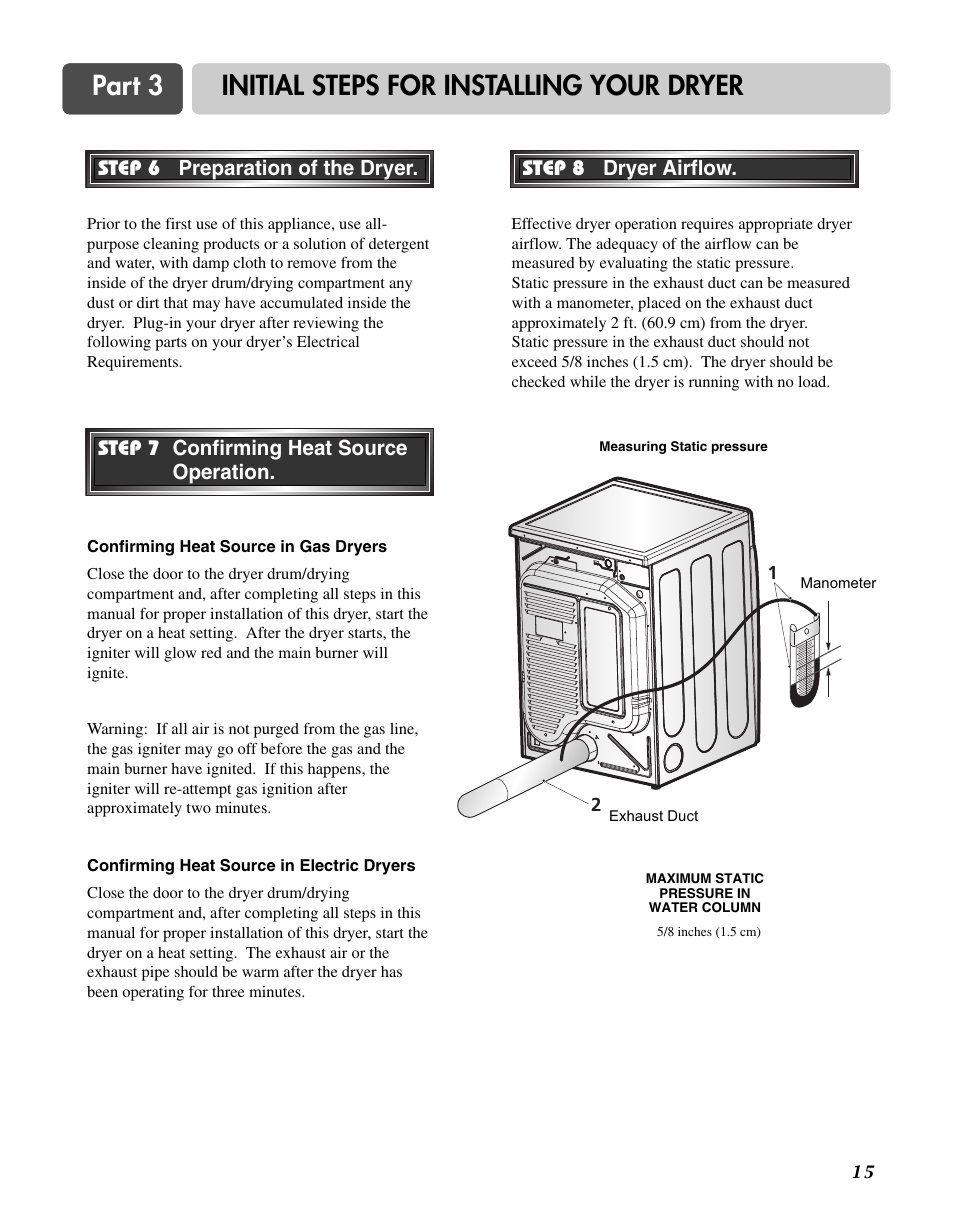 Part 3 initial steps for installing your dryer | Goldstar DLG3744W User Manual | Page 15 / 72