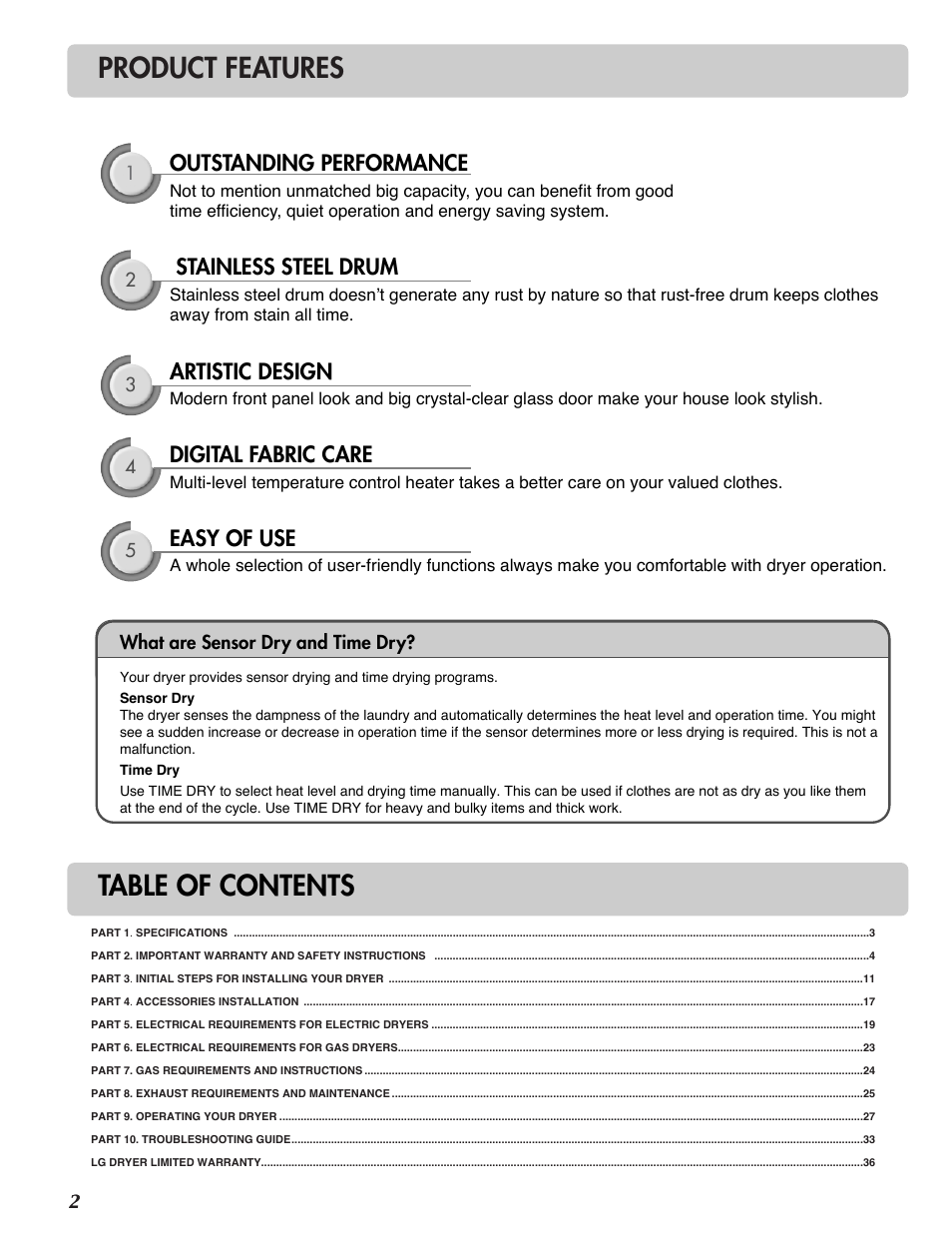 Product features table of contents, Outstanding performance, Stainless steel drum | Artistic design, Digital fabric care, Easy of use | Goldstar DLG3744W User Manual | Page 2 / 72