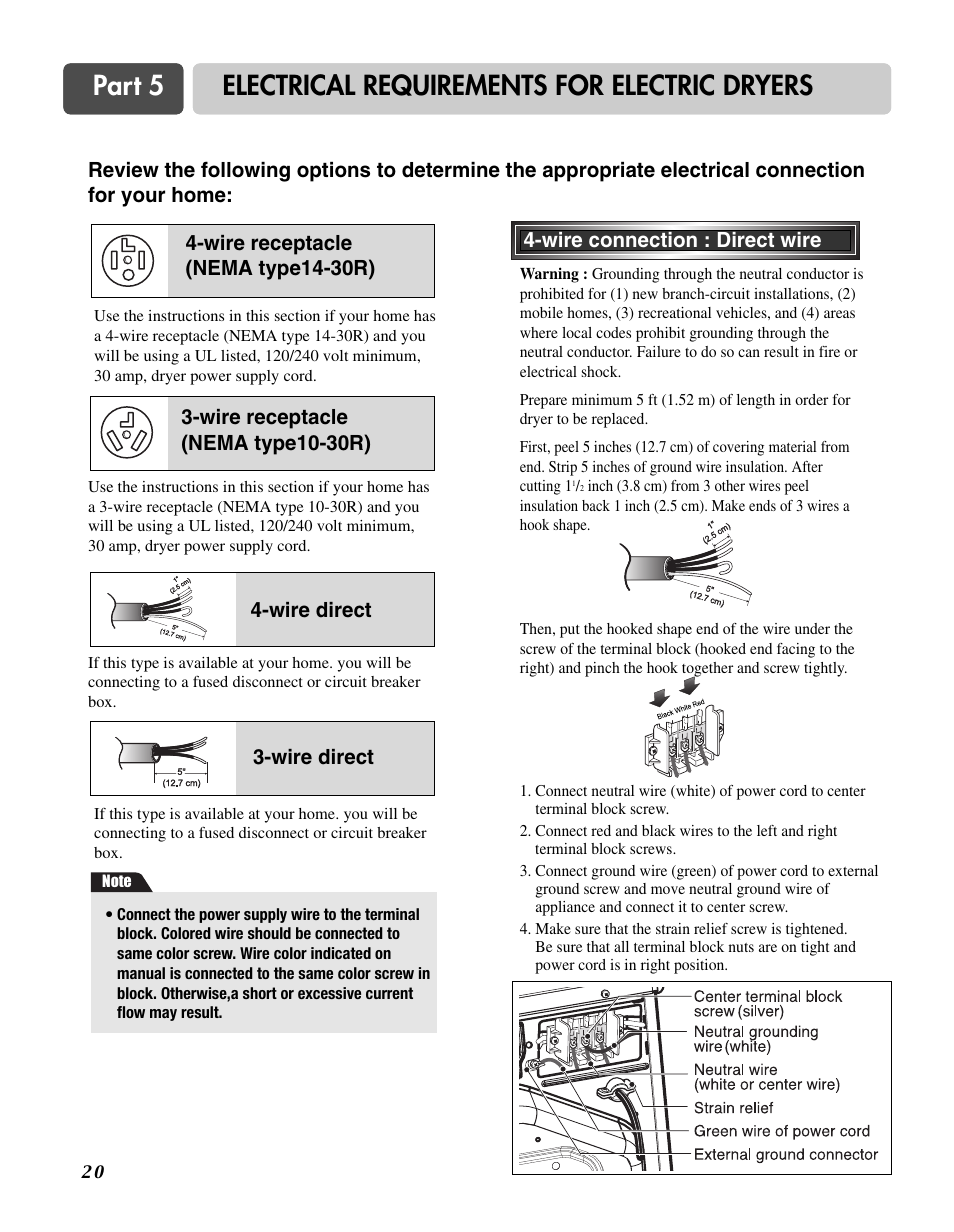 Part 5 electrical requirements for electric dryers | Goldstar DLG3744W User Manual | Page 20 / 72