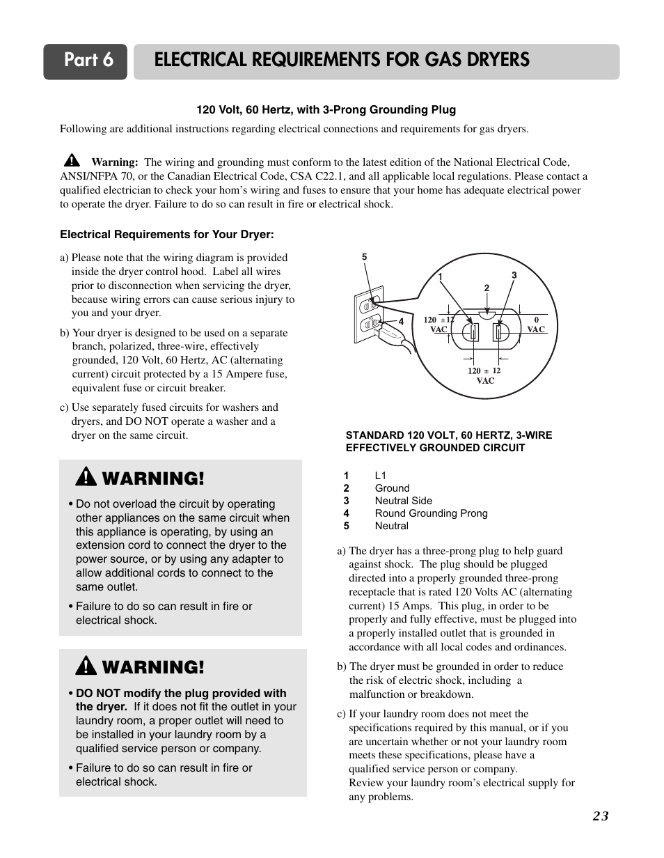 Part 6 electrical requirements for gas dryers, Warning | Goldstar DLG3744W User Manual | Page 23 / 72