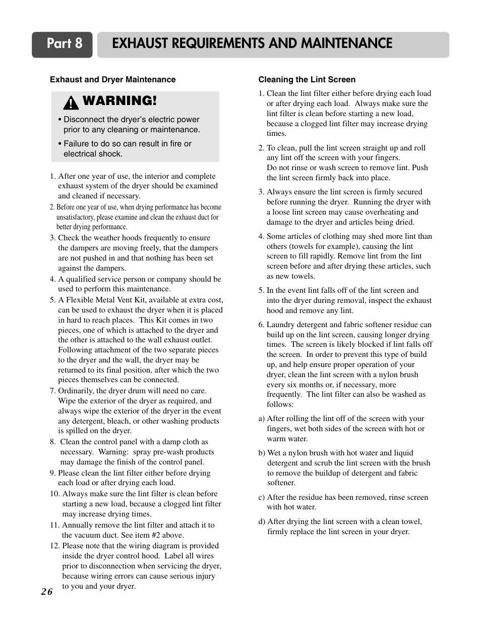 Part 8 exhaust requirements and maintenance, Warning | Goldstar DLG3744W User Manual | Page 26 / 72
