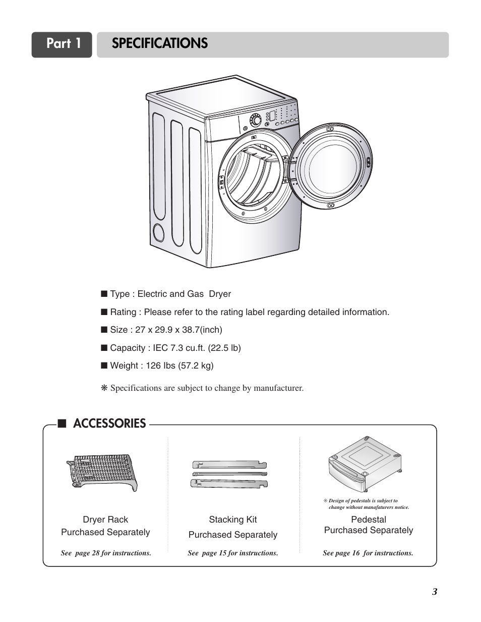 Part 1 specifications, Accessories | Goldstar DLG3744W User Manual | Page 3 / 72