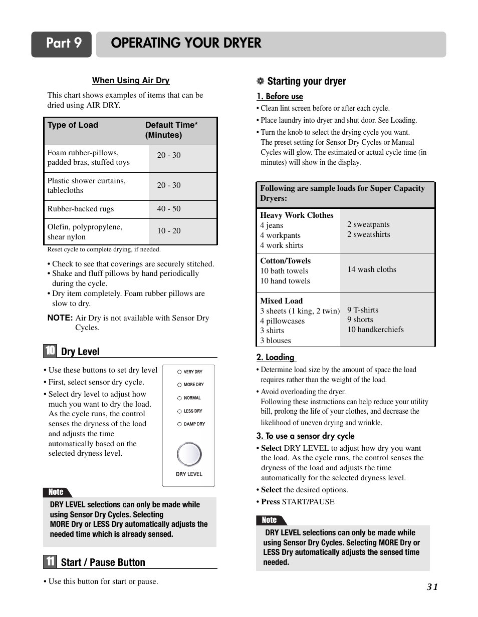 Part 9 operating your dryer | Goldstar DLG3744W User Manual | Page 31 / 72