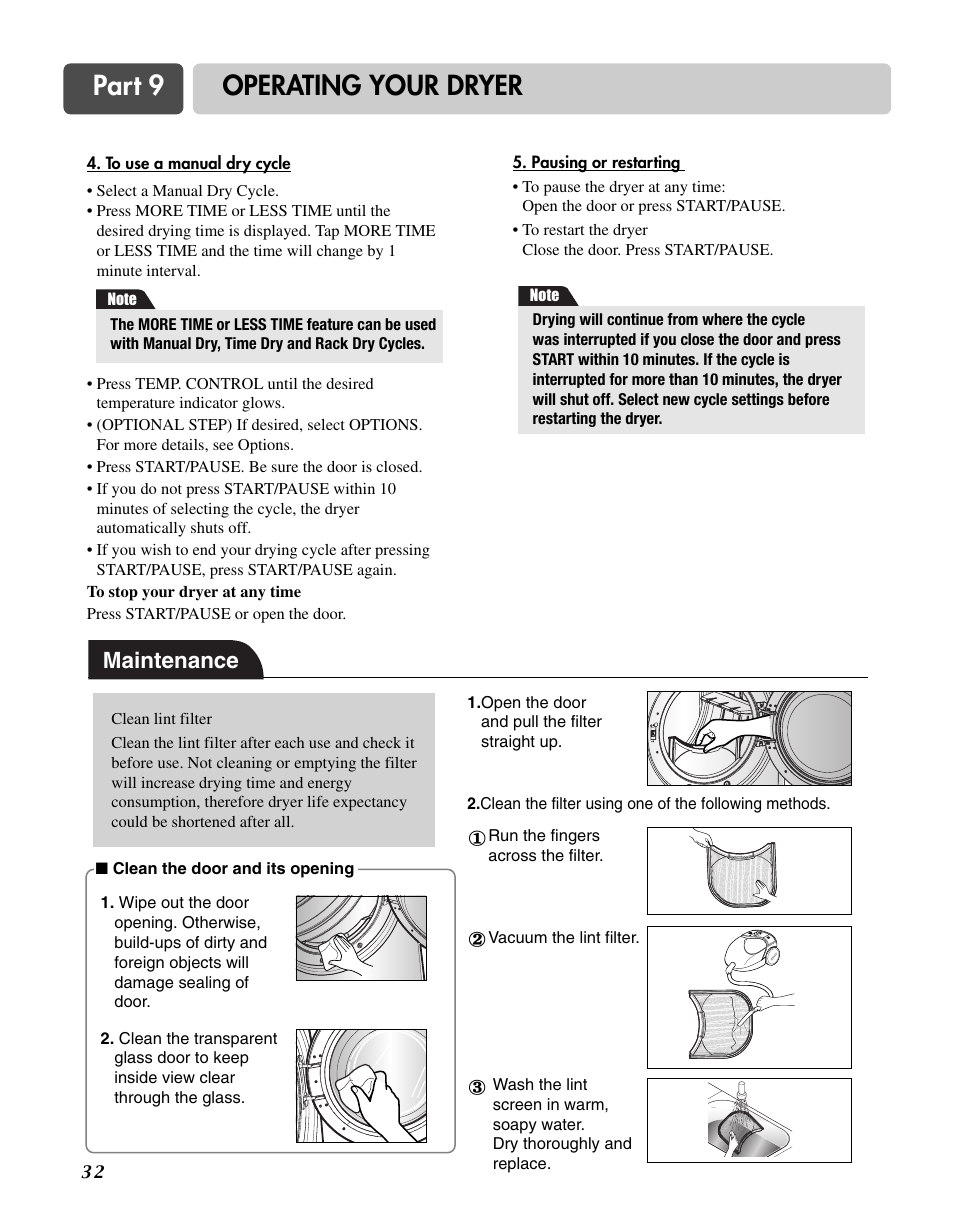 Part 9 operating your dryer, Maintenance | Goldstar DLG3744W User Manual | Page 32 / 72