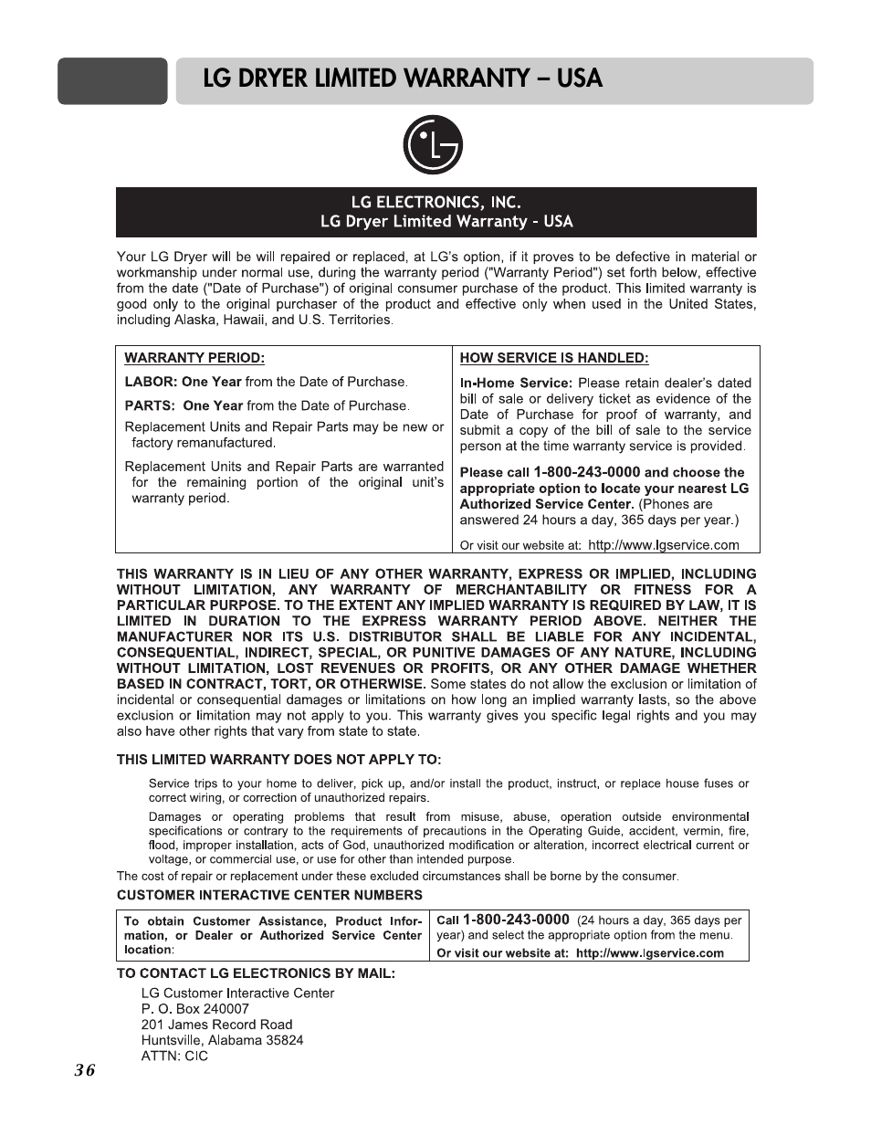 Lg dryer limited warranty – usa | Goldstar DLG3744W User Manual | Page 36 / 72