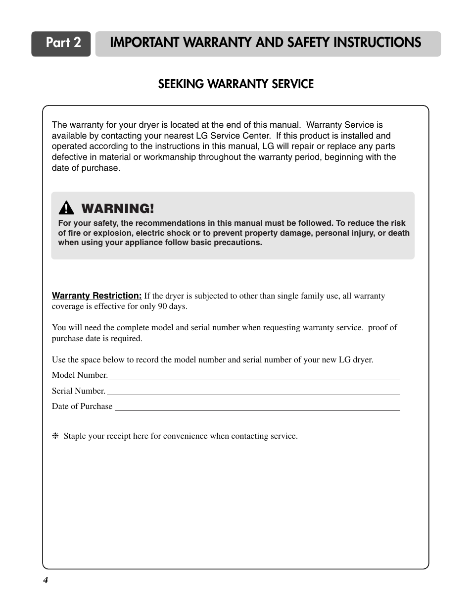 Part 2, Important warranty and safety instructions, Warning | Seeking warranty service | Goldstar DLG3744W User Manual | Page 4 / 72