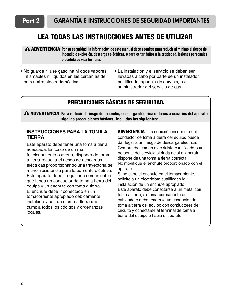 Lea todas las instrucciones antes de utilizar, Precauciones básicas de seguridad | Goldstar DLG3744W User Manual | Page 42 / 72
