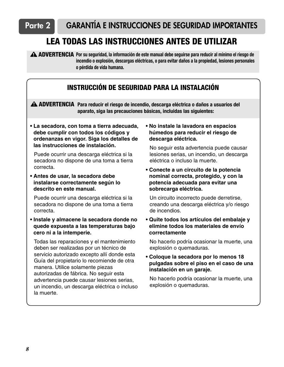 Lea todas las instrucciones antes de utilizar, Instrucción de seguridad para la instalación | Goldstar DLG3744W User Manual | Page 44 / 72