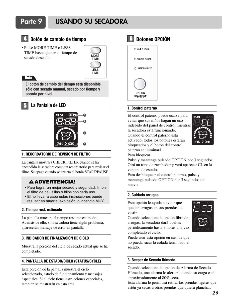 Parte 9 usando su secadora, 45 5 botón de cambio de tiempo, 6botones opción | La pantalla de led | Goldstar DLG3744W User Manual | Page 65 / 72