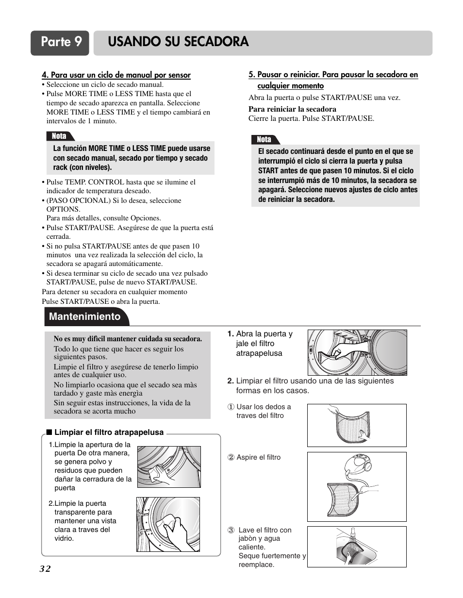 Parte 9 usando su secadora, Mantenimiento | Goldstar DLG3744W User Manual | Page 68 / 72