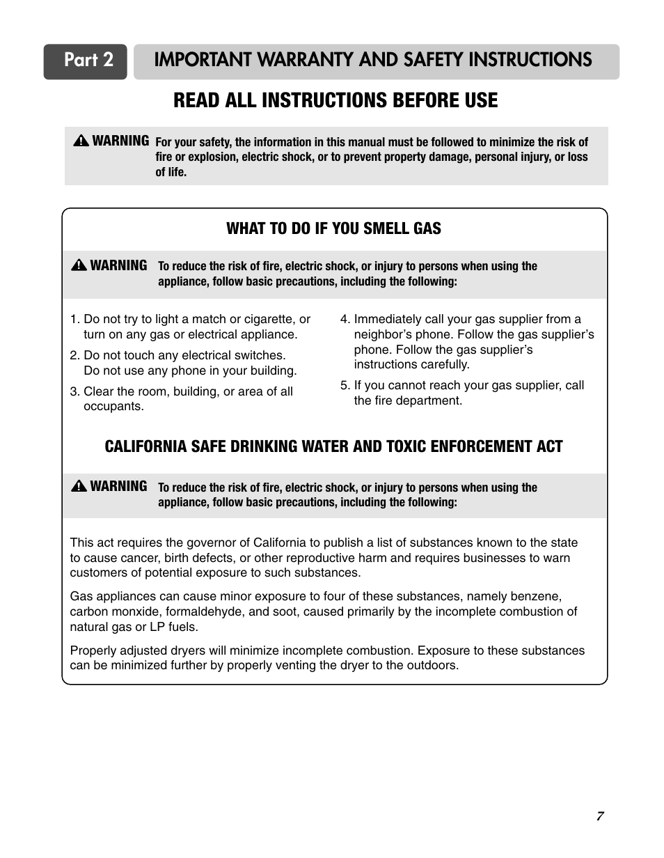 Read all instructions before use, Part 2 important warranty and safety instructions | Goldstar DLG3744W User Manual | Page 7 / 72