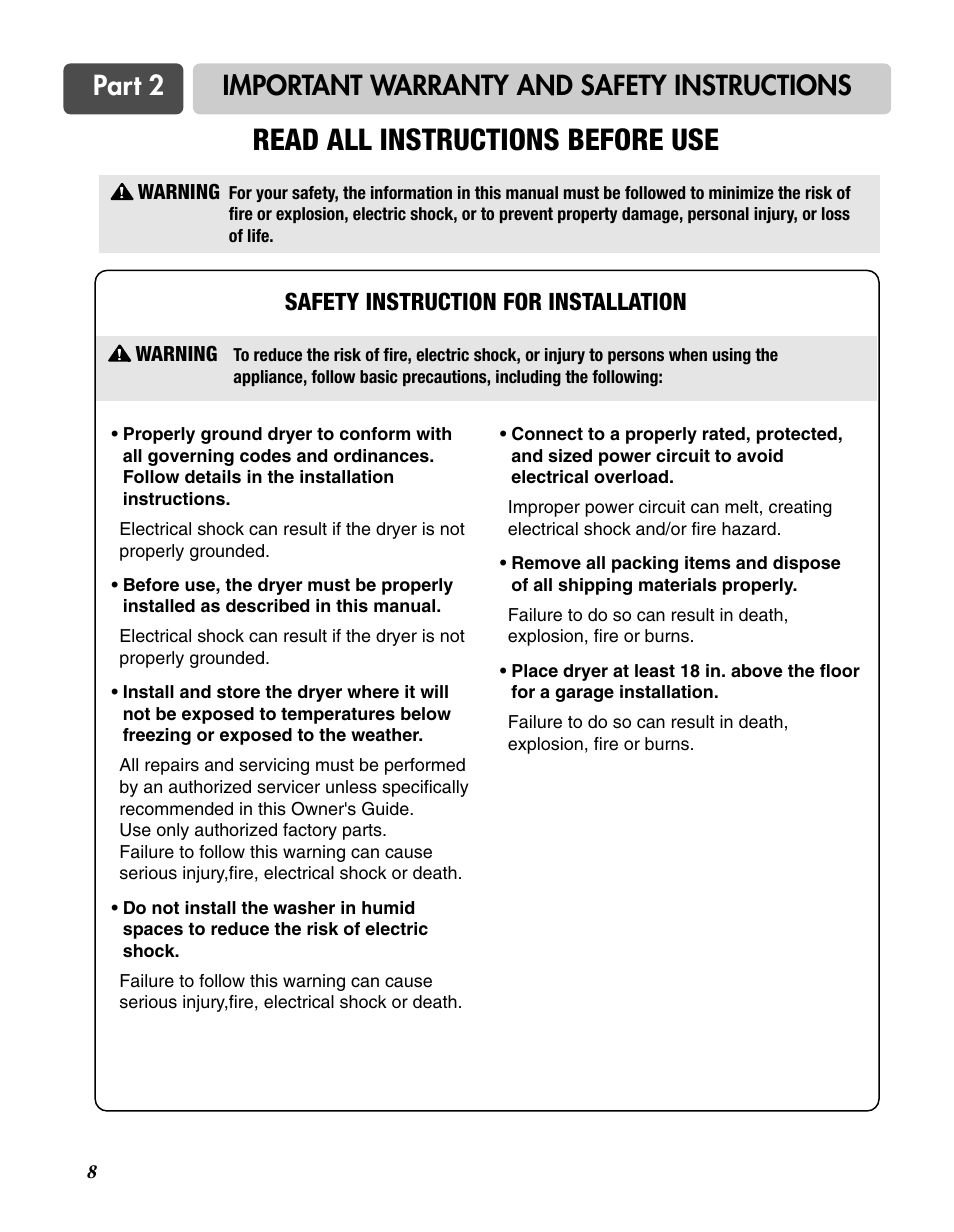 Read all instructions before use, Part 2 important warranty and safety instructions, Safety instruction for installation | Goldstar DLG3744W User Manual | Page 8 / 72