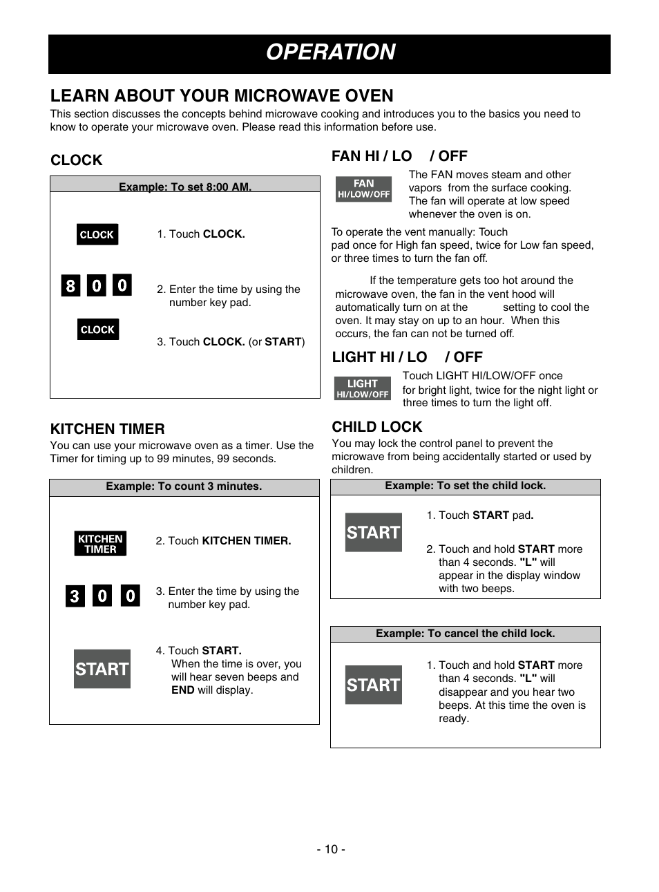 Operation, Learn about your microwave oven, Kitchen timer | Child lock, Fan hi / low / off, Light hi / low / off, Clock | Goldstar MV1610BB User Manual | Page 10 / 28